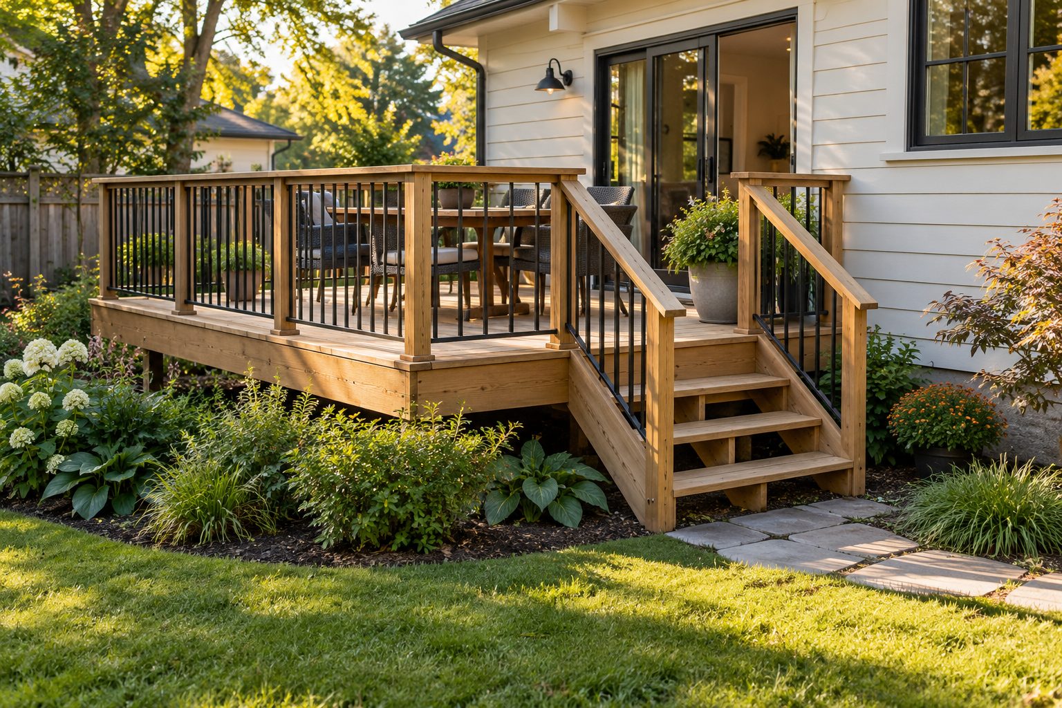 Finished timber deck with straight outdoor stairs beside a home